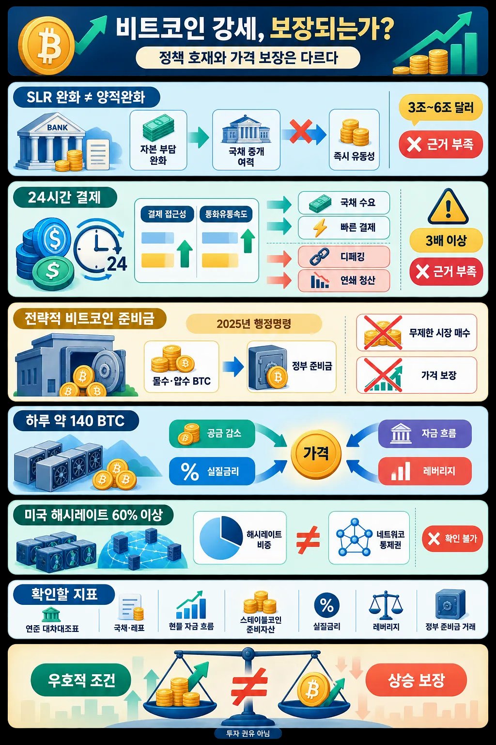 비트코인 강세 요인과 가격 보장의 차이를 설명하는 한국어 인포그래픽