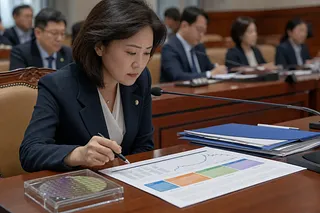 A female lawmaker reviews a chart at a desk with a microphone in a parliamentary meeting room
