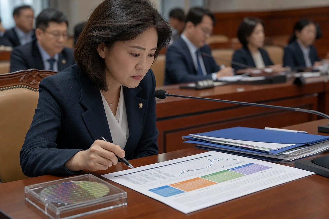 A female lawmaker reviews a chart at a desk with a microphone in a parliamentary meeting room
