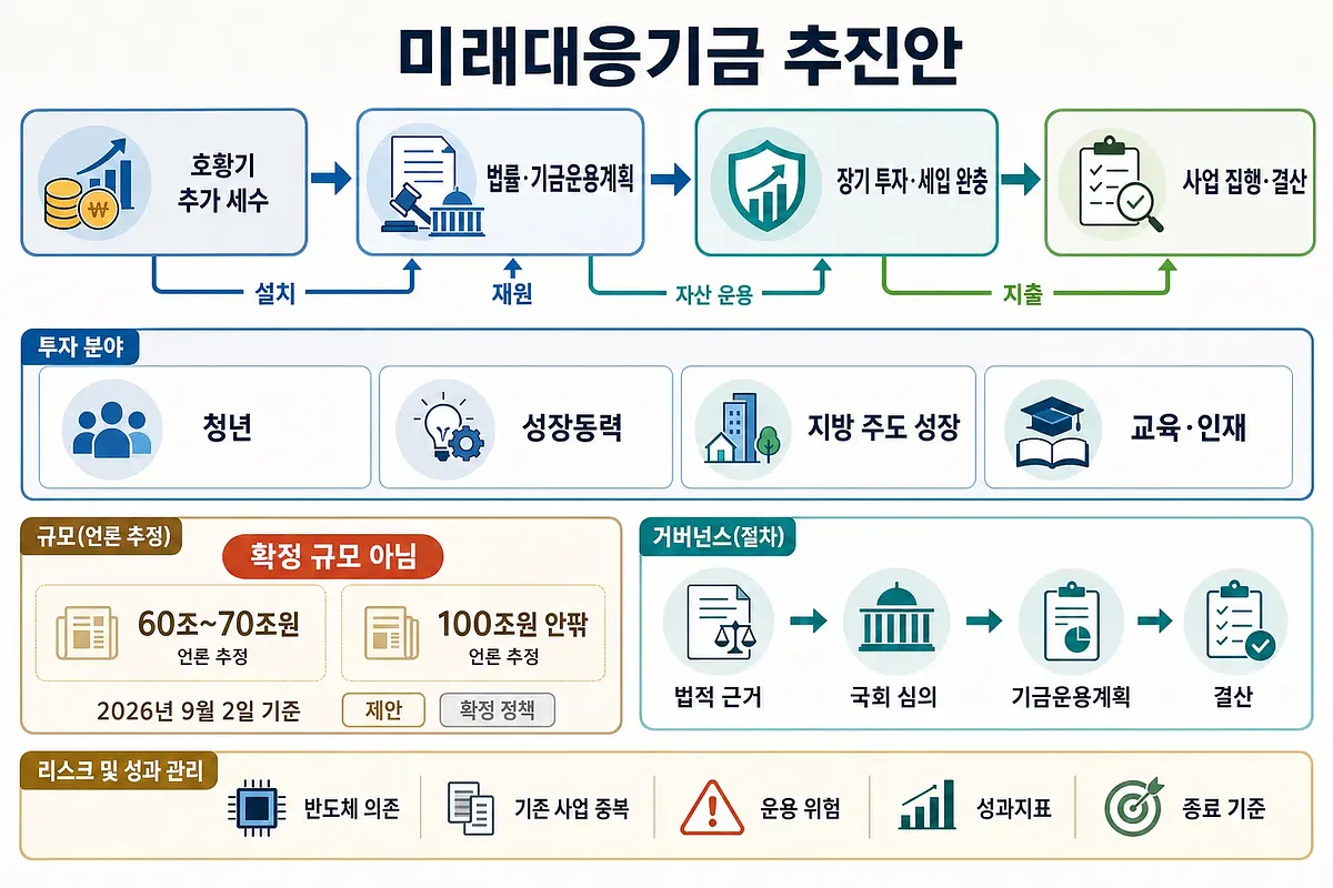 미래대응기금의 재원 흐름, 투자 분야, 추정 규모, 국회 심의 절차와 위험을 정리한 인포그래픽