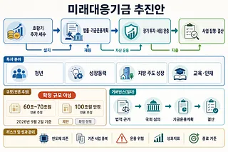 미래대응기금의 재원 흐름, 투자 분야, 추정 규모, 국회 심의 절차와 위험을 정리한 인포그래픽