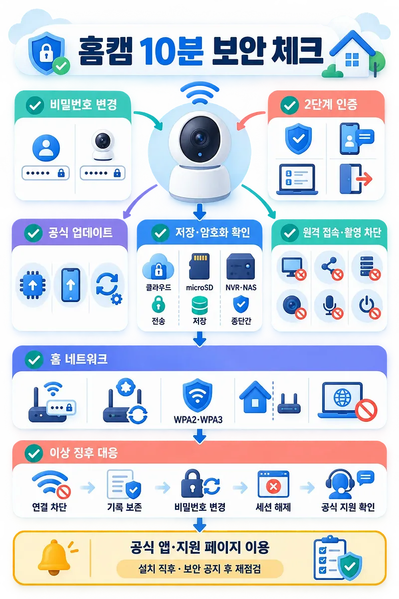 홈캠을 중심으로 비밀번호, 2단계 인증, 업데이트, 저장 방식, 네트워크 보안을 안내하는 체크리스트