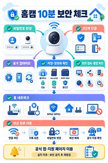 홈캠을 중심으로 비밀번호, 2단계 인증, 업데이트, 저장 방식, 네트워크 보안을 안내하는 체크리스트