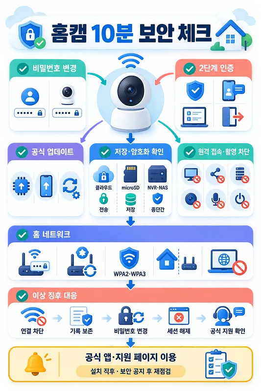 ホームカメラを中心にパスワード、二段階認証、更新、保存先、ネットワーク対策を示すチェックリスト