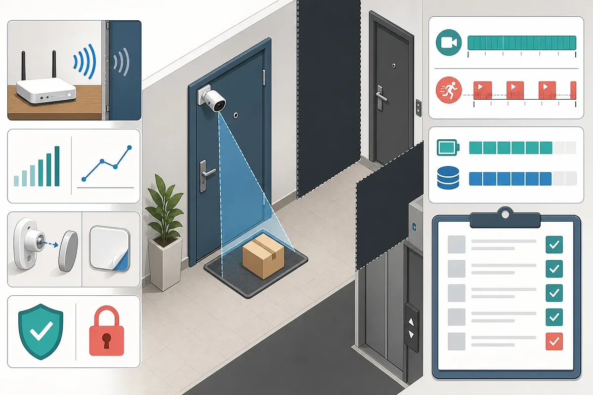 Diagrama de CCTV en una puerta de apartamento con controles de cobertura, Wi-Fi, batería, almacenamiento y seguridad