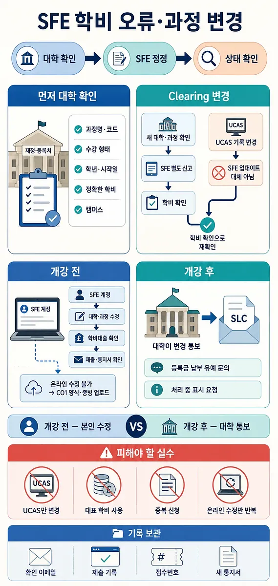 SFE 학비 오류와 과정 변경 시 대학 확인, 정정 신고, 상태 확인 절차를 안내하는 인포그래픽