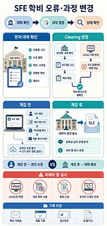 SFE 학비 오류와 과정 변경 시 대학 확인, 정정 신고, 상태 확인 절차를 안내하는 인포그래픽