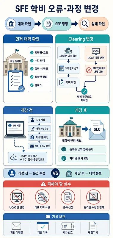 SFE 학비 오류와 과정 변경 시 대학 확인, 정정 신고, 상태 확인 절차를 안내하는 인포그래픽