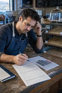 Hombre preocupado revisando documentos financieros y un gráfico de barras en una cafetería
