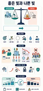 좋은 빚과 나쁜 빚을 현금흐름, 판단 기준, 위험 신호, 스트레스 테스트로 비교한 인포그래픽