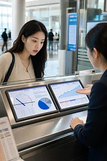 Empleada financiera explica a una clienta pantallas con indicador, gráfico circular y línea ascendente