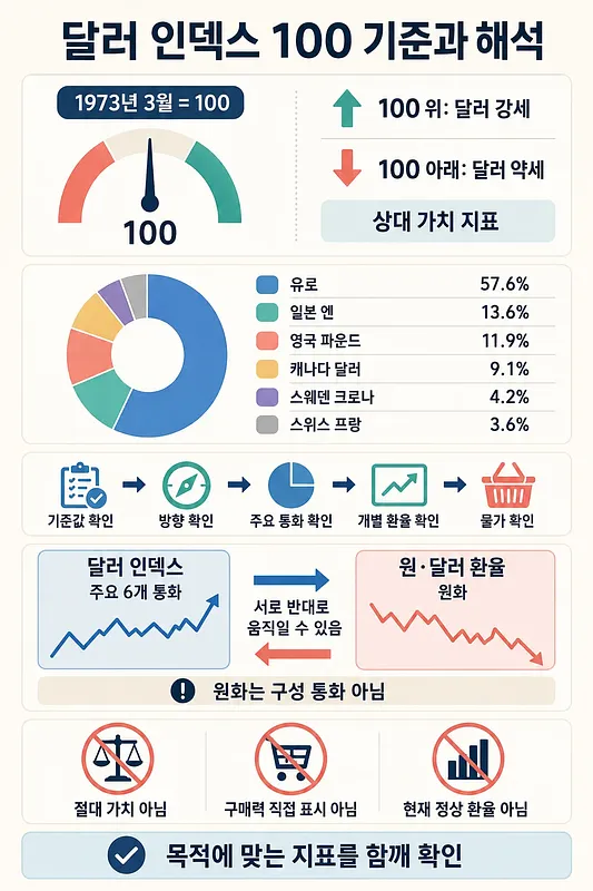 달러 인덱스 기준 100, 6개 통화 비중, 해석 절차와 주의점을 설명한 인포그래픽