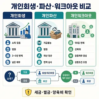 개인회생, 개인파산, 개인워크아웃 조건과 절차를 비교한 인포그래픽