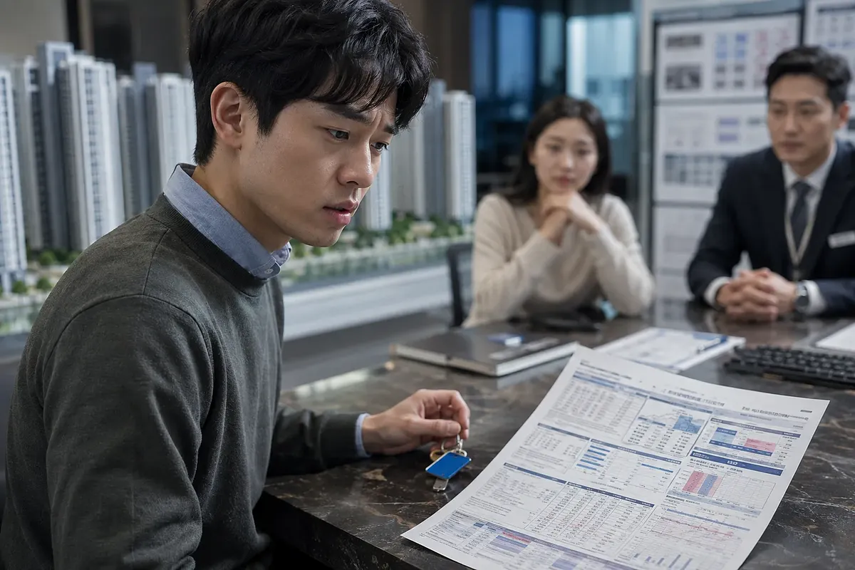 아파트 모형 앞 상담실에서 열쇠를 든 남성이 금융 서류를 살펴보는 모습