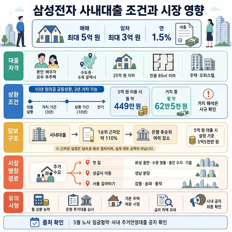 삼성전자 사내대출의 한도, 금리, 자격, 상환 조건, 담보 구조와 시장 영향을 정리한 인포그래픽
