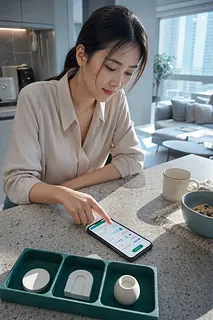 キッチンカウンターでスマートフォンの金融アプリを確認する女性
