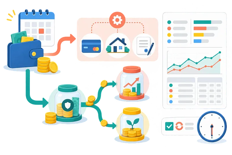 Calendar, wallet, three savings jars linked by arrows, financial charts, and a clock