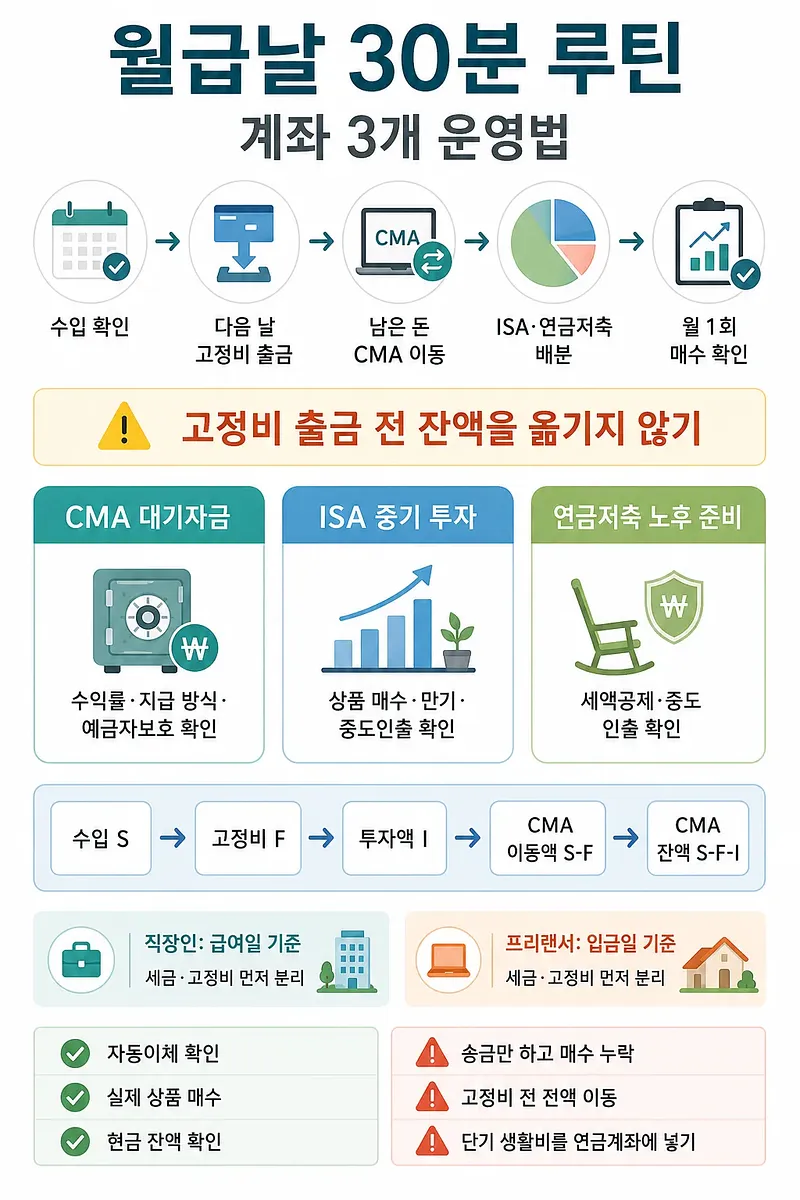 월급날 수입 확인부터 CMA·ISA·연금저축 배분까지 보여주는 계좌 3개 운영 인포그래픽
