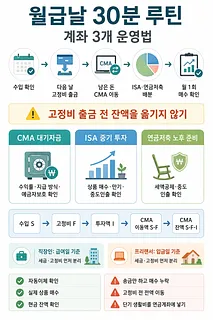 월급날 수입 확인부터 CMA·ISA·연금저축 배분까지 보여주는 계좌 3개 운영 인포그래픽