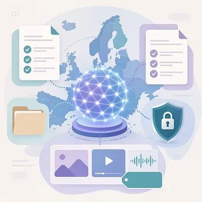 Esfera de red de IA sobre un mapa de Europa con listas, escudo de seguridad e iconos multimedia