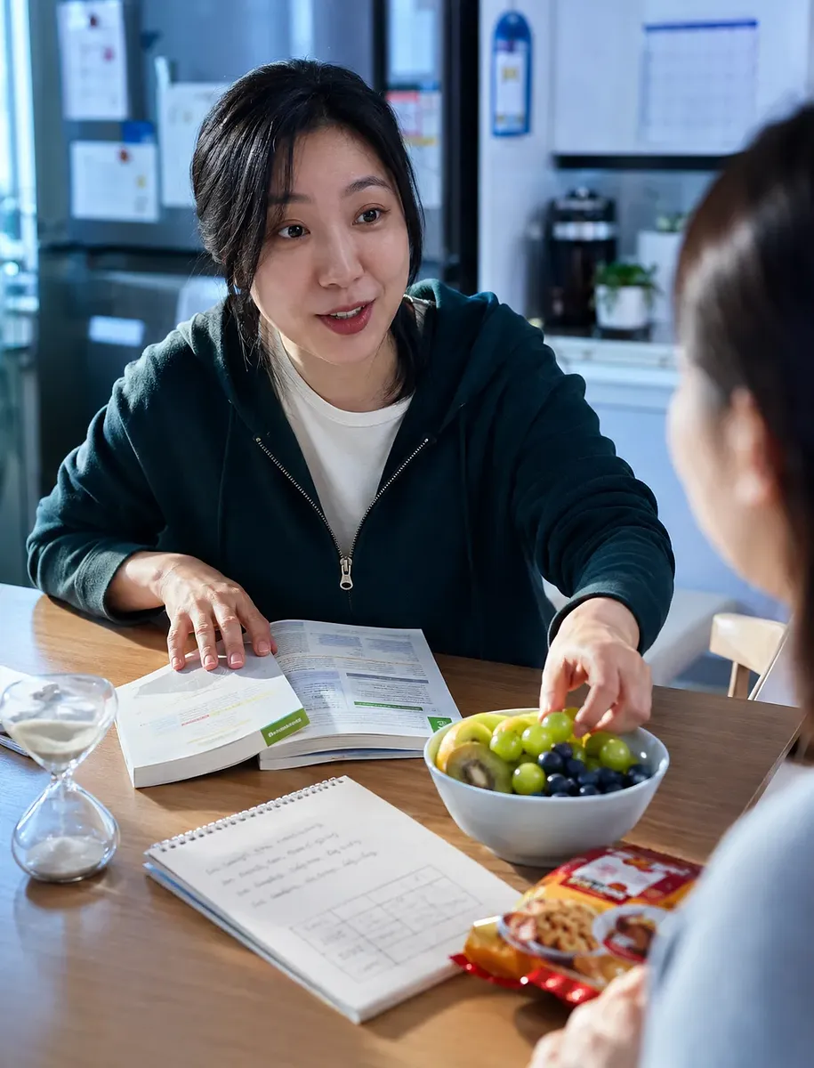 여성이 열린 책과 노트, 모래시계가 놓인 식탁에서 다른 사람과 이야기하는 모습