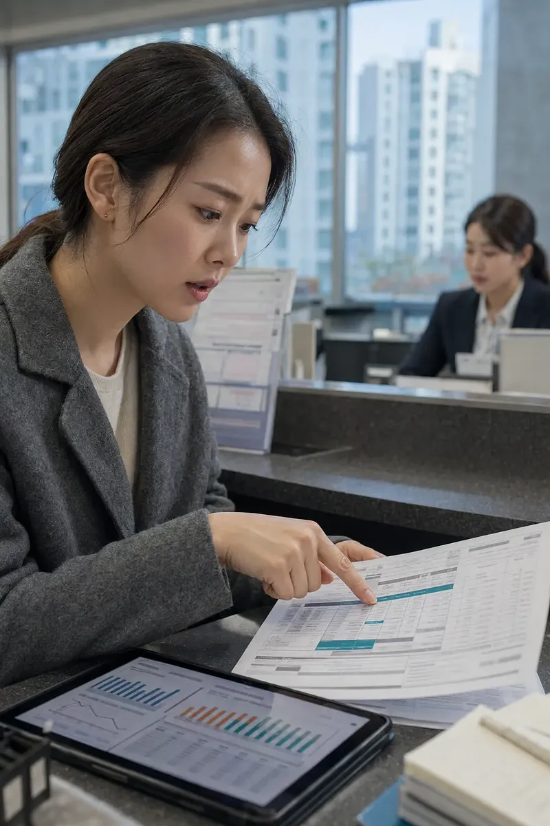 사무실 창구에서 관리비 내역서와 태블릿 그래프를 확인하는 여성