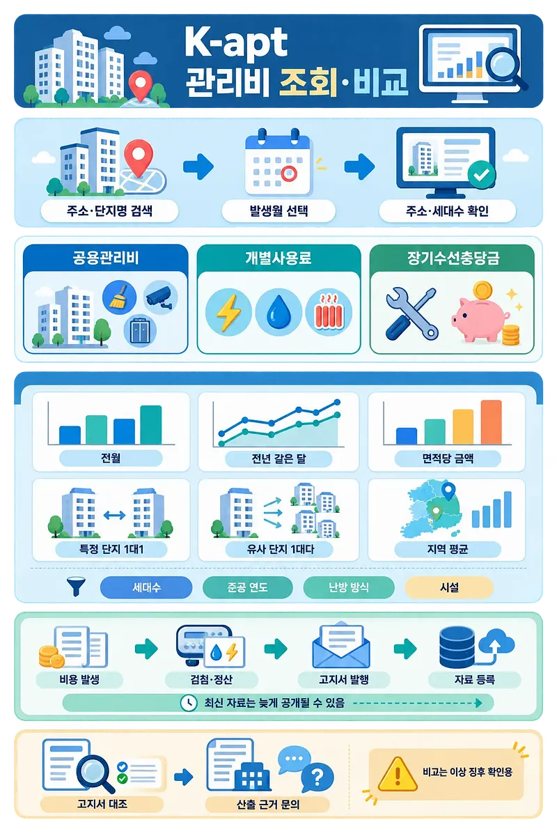 K-apt 관리비 조회 절차와 공용관리비·사용료·충당금 및 단지 비교 항목을 정리한 인포그래픽