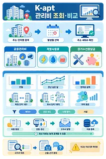 K-apt 관리비 조회 절차와 공용관리비·사용료·충당금 및 단지 비교 항목을 정리한 인포그래픽