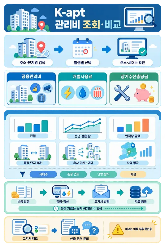 K-apt infographic showing fee lookup steps, cost categories, and apartment complex comparison charts