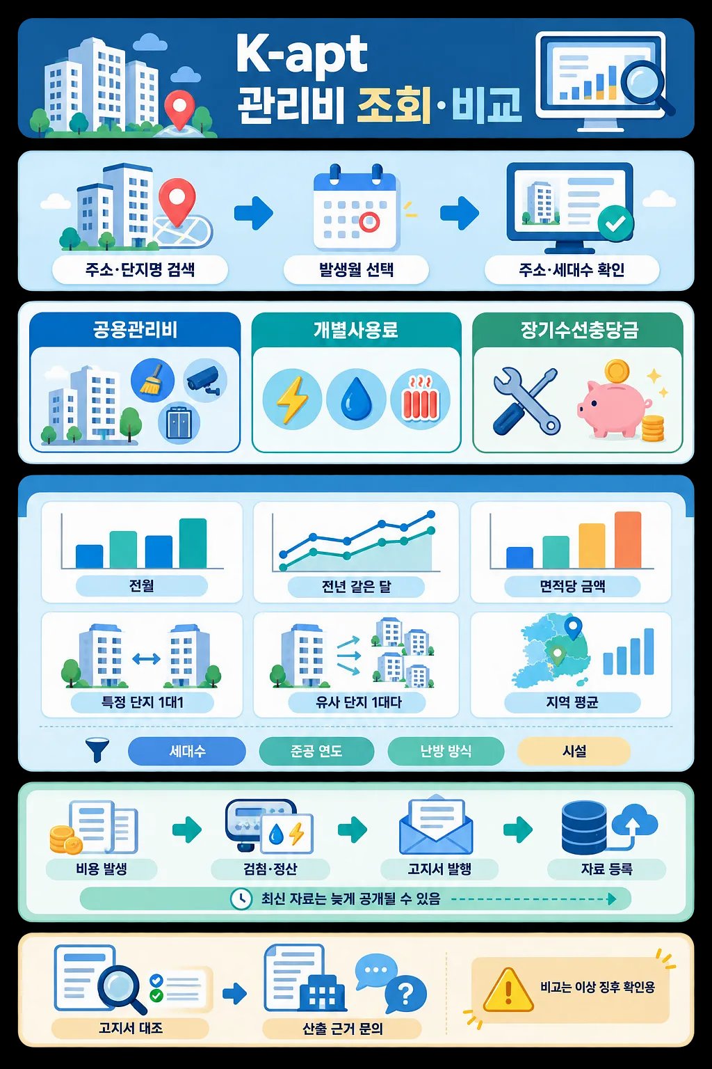 K-apt 관리비 조회 절차와 공용관리비·사용료·충당금 및 단지 비교 항목을 정리한 인포그래픽