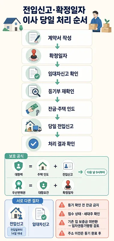 계약서 작성부터 당일 전입신고와 처리 결과 확인까지 이사 절차를 안내하는 인포그래픽