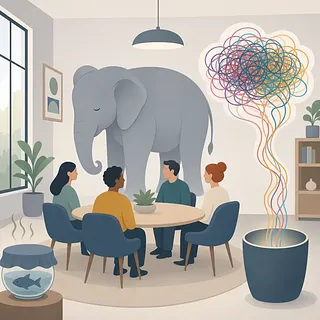 Cuatro personas se reúnen con un gran elefante, una pecera y líneas de colores enredadas