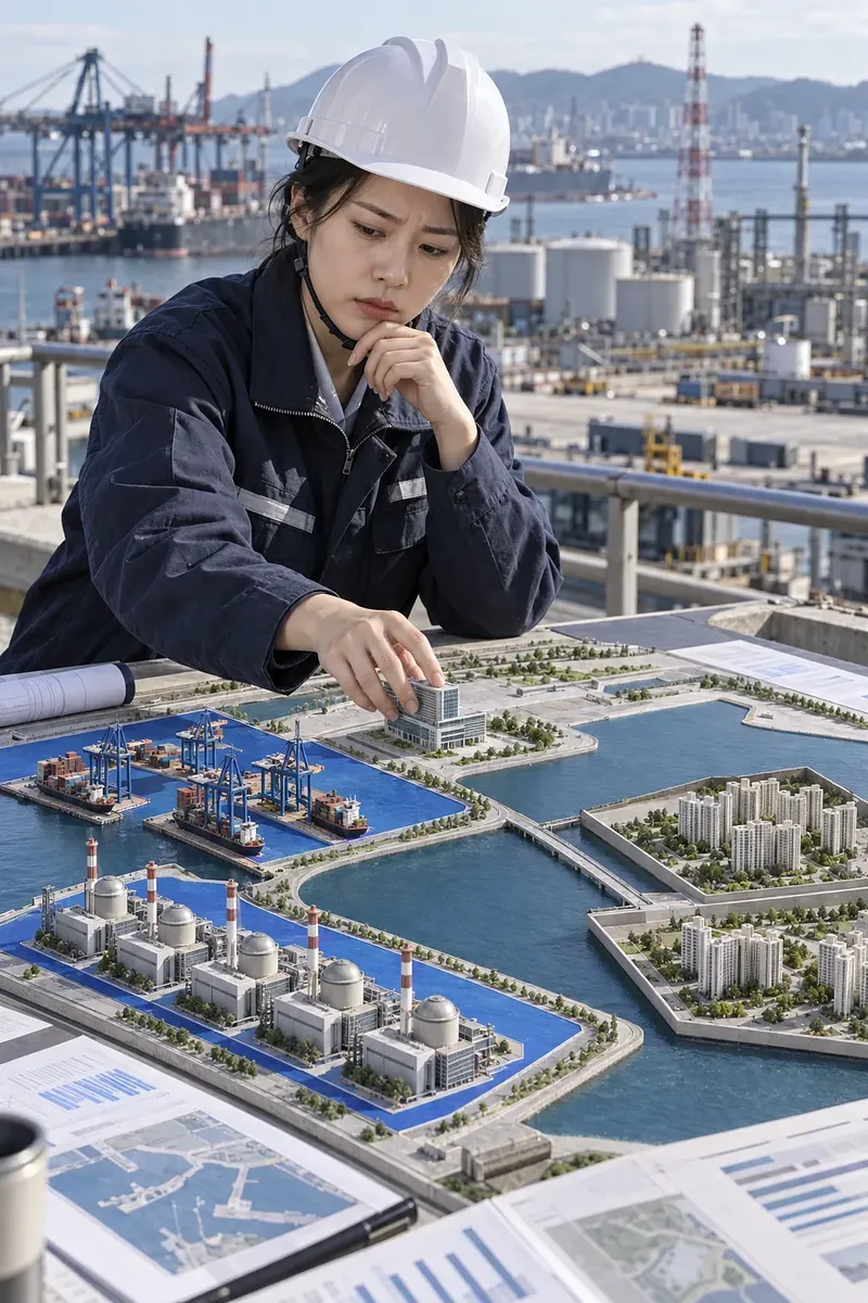 港湾・産業団地の模型を確認する白いヘルメット姿の女性技術者