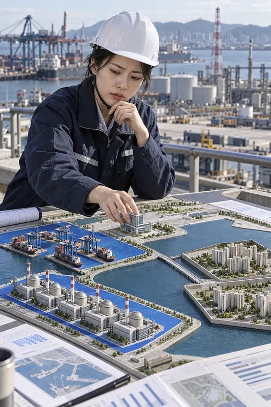 港湾・産業団地の模型を確認する白いヘルメット姿の女性技術者
