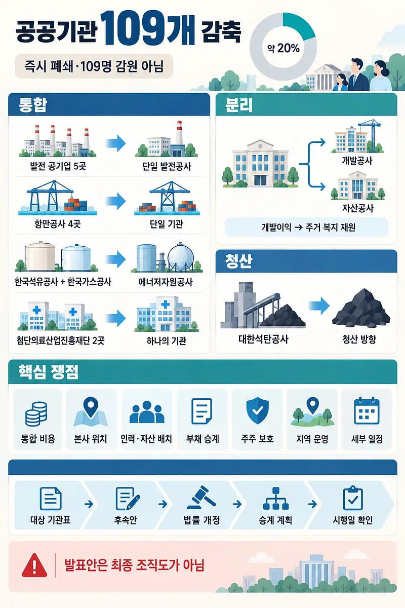 공공기관 109개 감축의 통합·분리·청산 방안과 핵심 쟁점 및 추진 절차를 정리한 인포그래픽