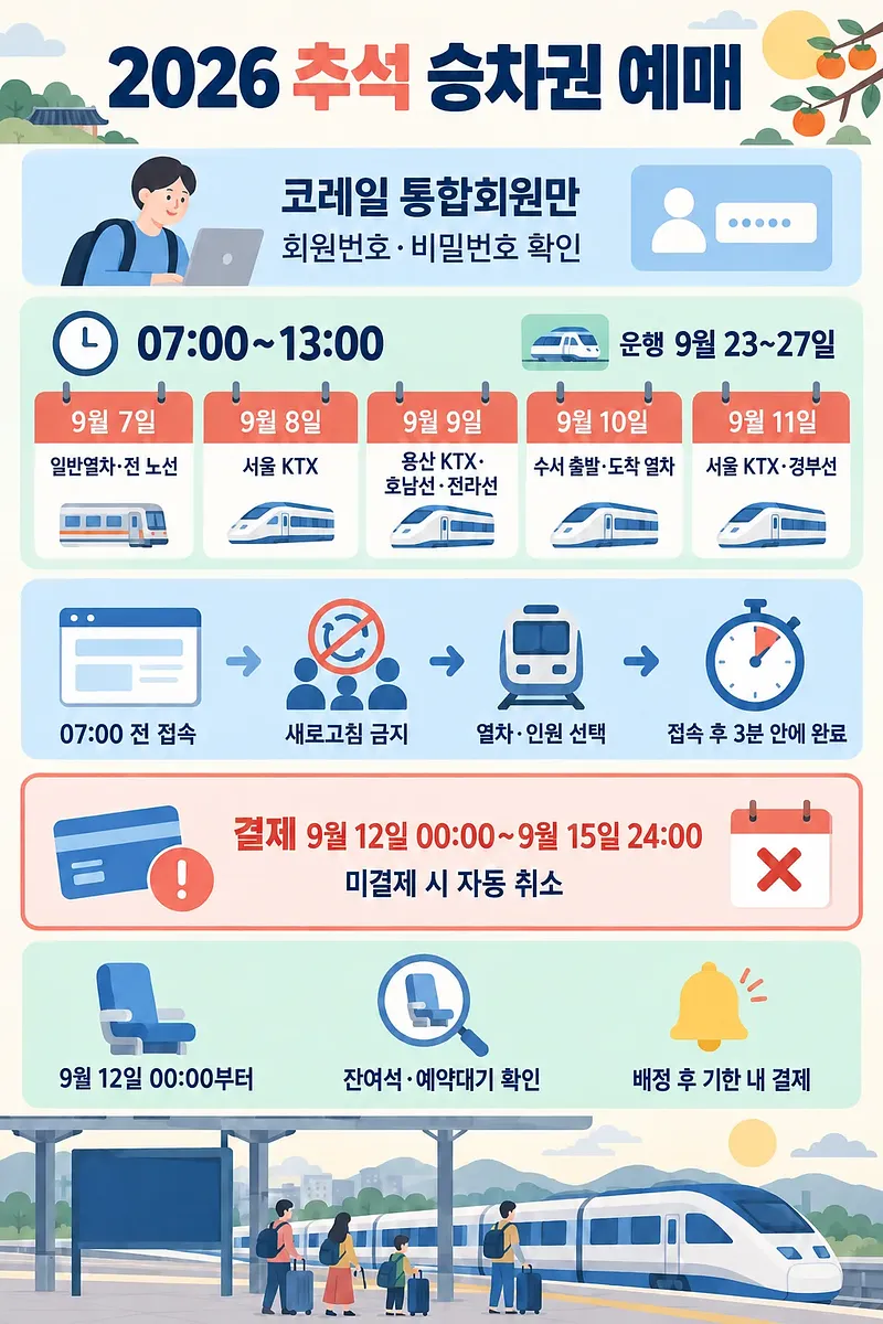 2026 추석 승차권의 9월 7~11일 예매 일정과 결제 절차를 안내하는 인포그래픽