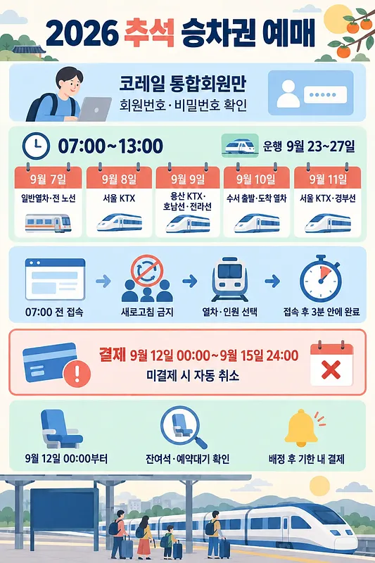2026年秋夕列車券の9月7～11日の予約日程と決済手順を示すインフォグラフィック