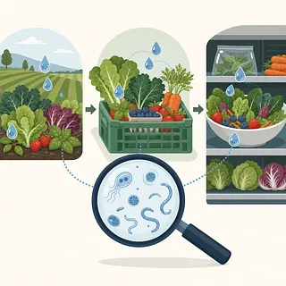 Illustration of produce moving from field to fridge with water droplets and microbes under a magnifying glass