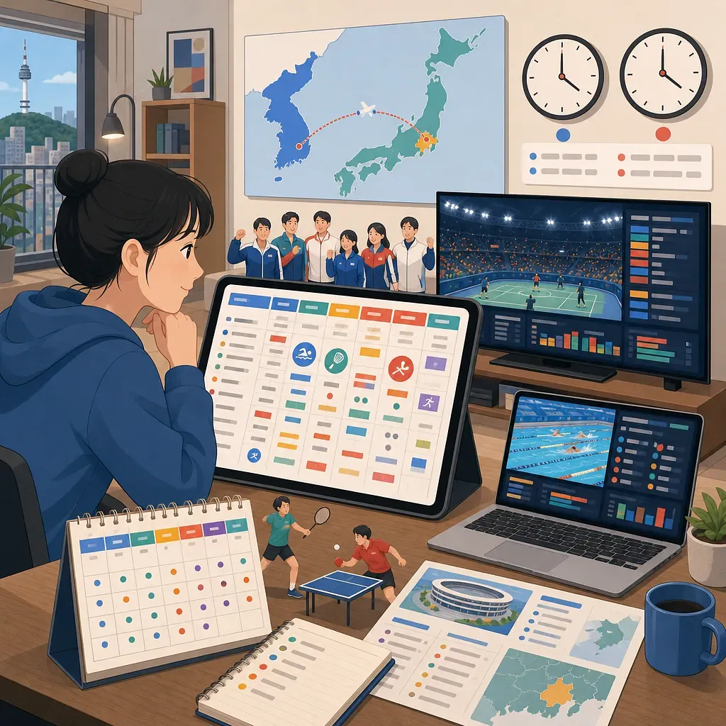 태블릿으로 아시안게임 일정을 확인하며 경기 중계 화면을 보는 여성