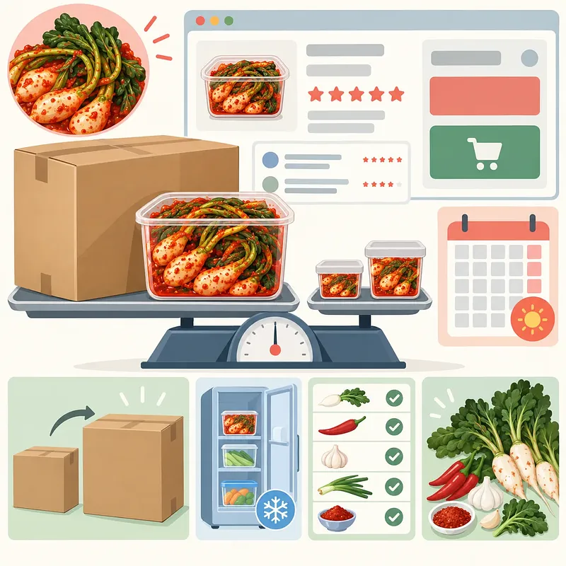 총각김치 용기와 배송 상자, 저울, 온라인 주문 화면을 함께 그린 일러스트