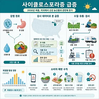 사이클로스포라증 급증과 오염 농산물, 감시 데이터, 예방 수칙을 설명한 한국어 인포그래픽