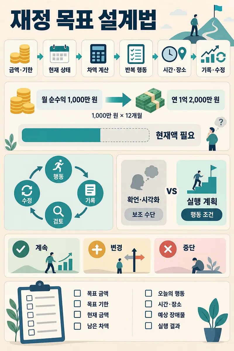 Infographic showing financial goal design from amount and deadline to tracking and adjustment