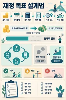금액·기한 설정부터 행동 기록과 수정까지 재정 목표 설계 과정을 보여주는 인포그래픽