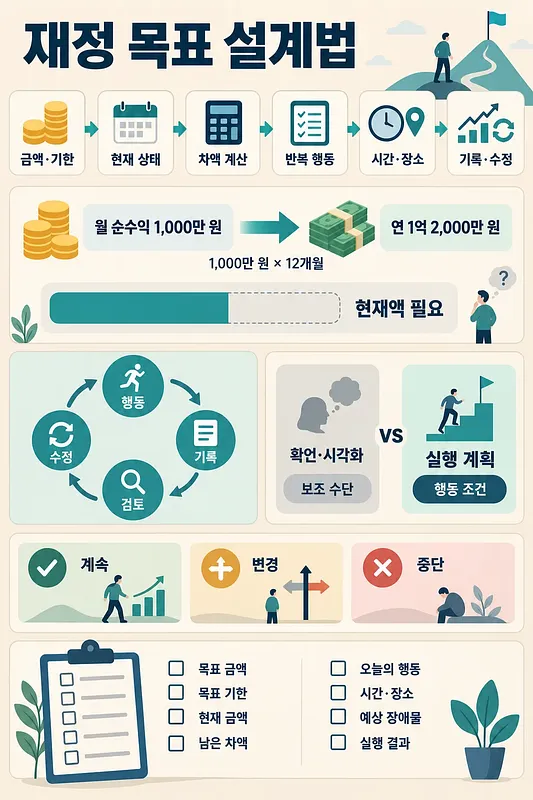 Infografía del diseño de metas financieras, desde monto y plazo hasta registro y ajustes