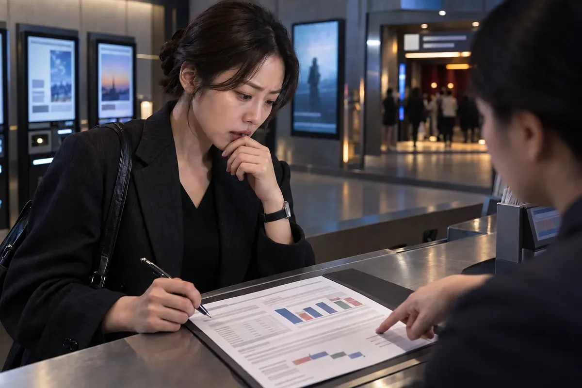 영화관 매표소에서 직원과 도표가 담긴 서류를 검토하는 여성