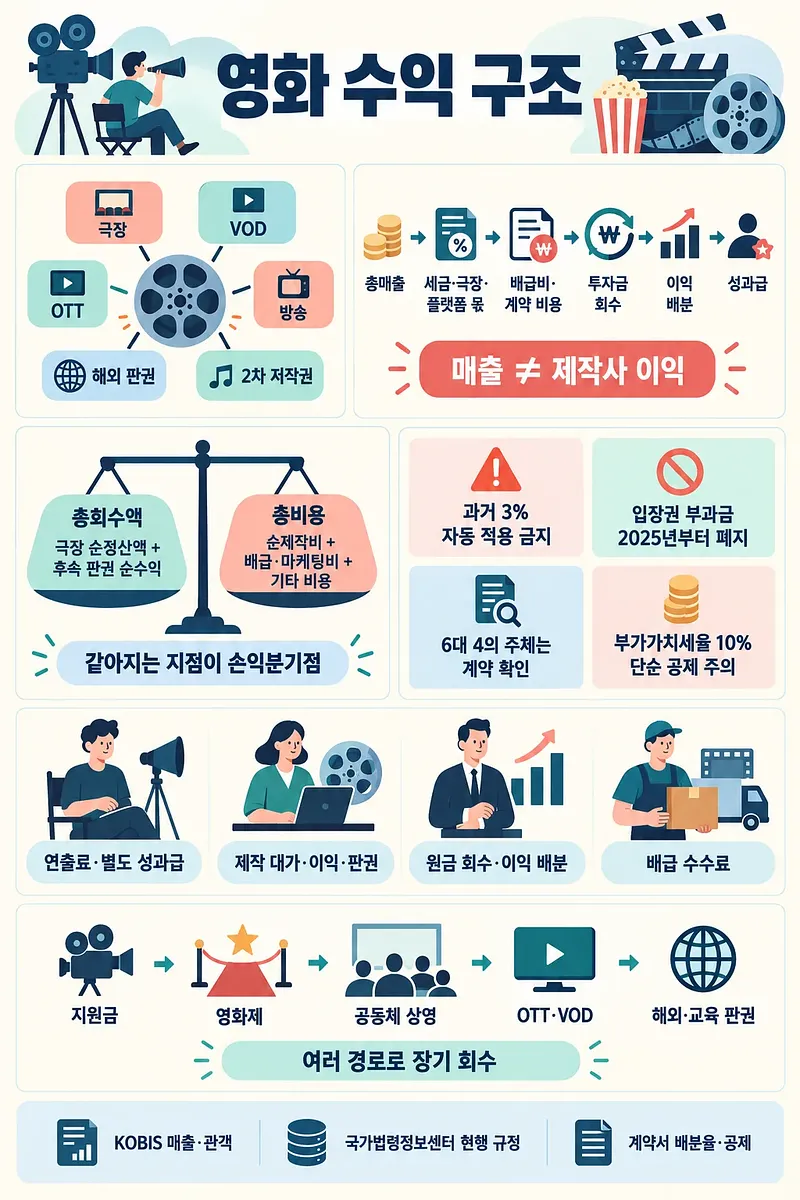 극장·OTT 등 영화 수익 경로와 비용 공제, 손익분기점, 이익 배분을 설명한 인포그래픽