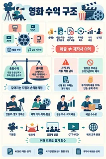 극장·OTT 등 영화 수익 경로와 비용 공제, 손익분기점, 이익 배분을 설명한 인포그래픽