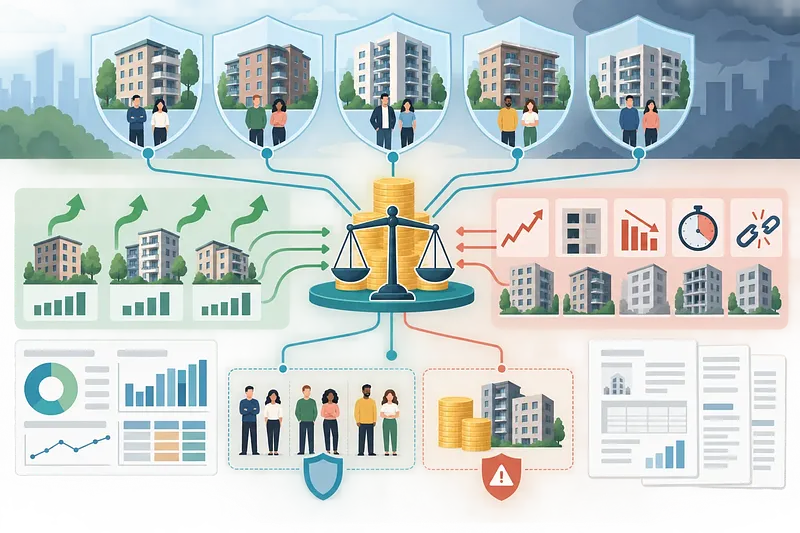 Diagrama de inversión con inmuebles, monedas, balanza, escudos, gráficos e indicadores de riesgo
