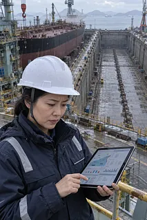 大型船が入った造船所のドックでタブレットを確認するヘルメット姿の作業員