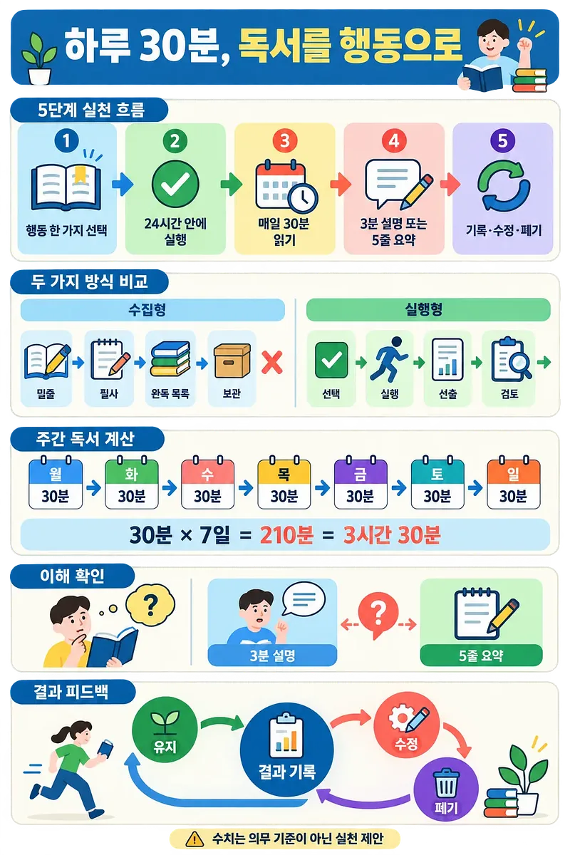 Infografía coreana sobre una rutina de lectura diaria de 30 minutos, cálculo semanal y ciclo de mejora